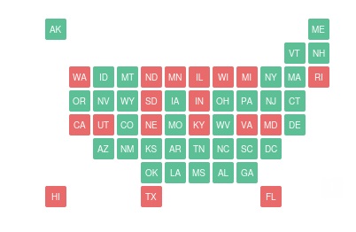 A map of US states in green or red